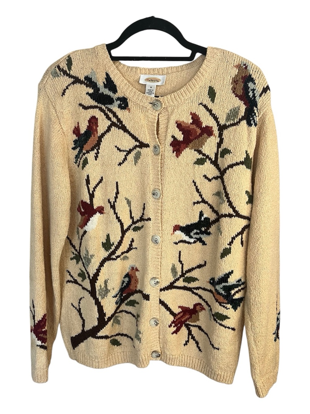 Talbots Vintage 90s Cream Cardigan with Multicolor Bird Embroidery